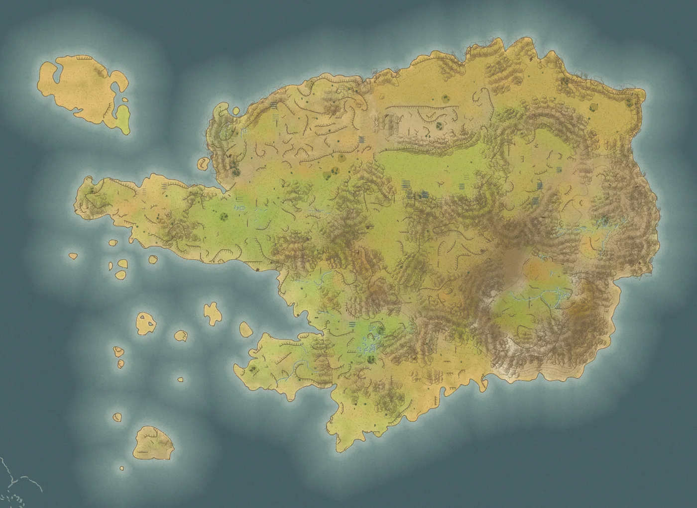The east continent as the world's own survey draws it — coast, rivers and high ground.